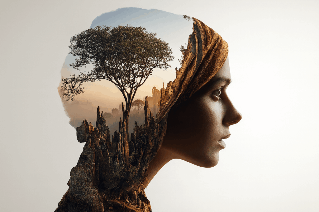 a beautiful picture that represents wisdom. Woman's head that is transparent and contains an image of a tree.
